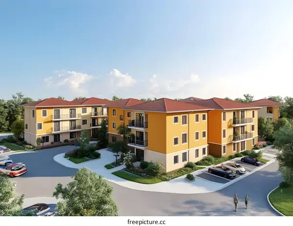 Modern Apartment Building Exterior Design with Landscaping and Parking