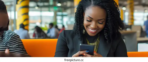 Smiling African American Woman Using Smartphone In Cafe