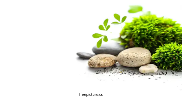 Green Moss and Smooth Stones on White Background