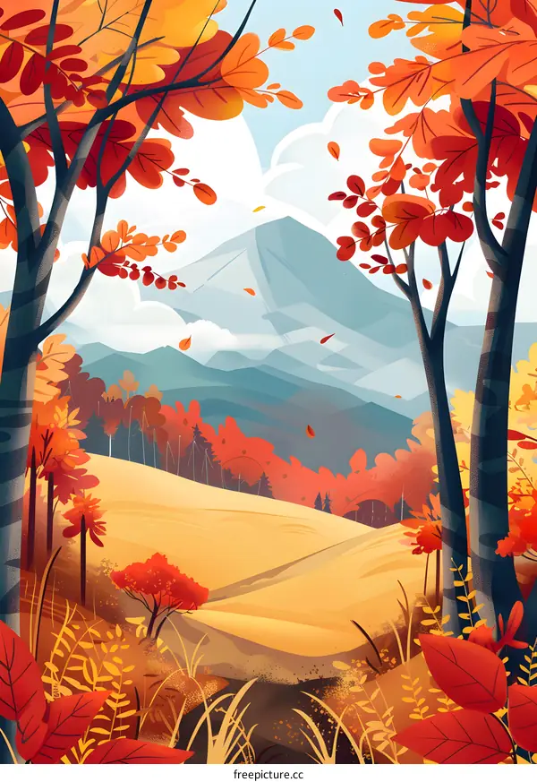 Autumn Landscape with Mountains and Falling Leaves