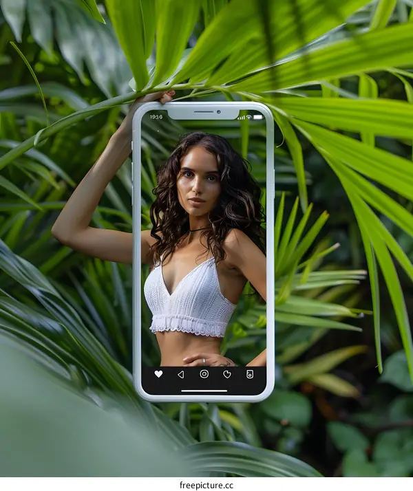 Woman Holding Phone With Her Selfie In Tropical Setting
