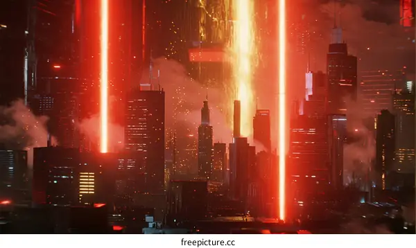 Futuristic Cityscape with Glowing Red Laser Beams in Night