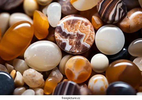 Close-up of a pile of smooth, polished stones in shades of brown, orange, and white