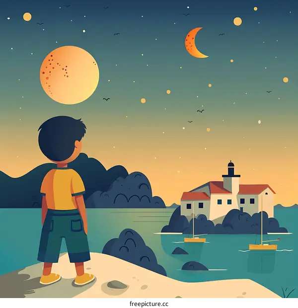 Boy Looking at the Moon and Stars Over the Sea with a House on an Island