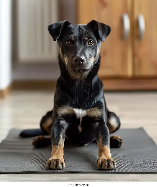 A black dog is sitting on a yoga mat