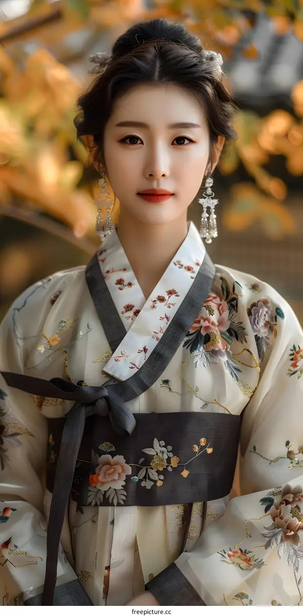 Portrait of a young woman in traditional Korean dress, or Hanbok