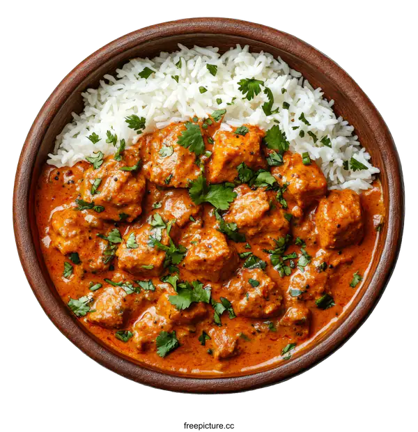 [Transparent Background PNG]Chicken Tikka Masala with Basmati Rice in Terracotta Bowl
