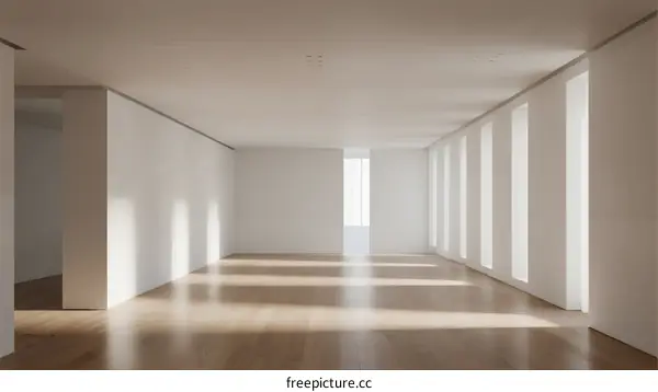Bright and spacious empty room with white walls and wooden floor