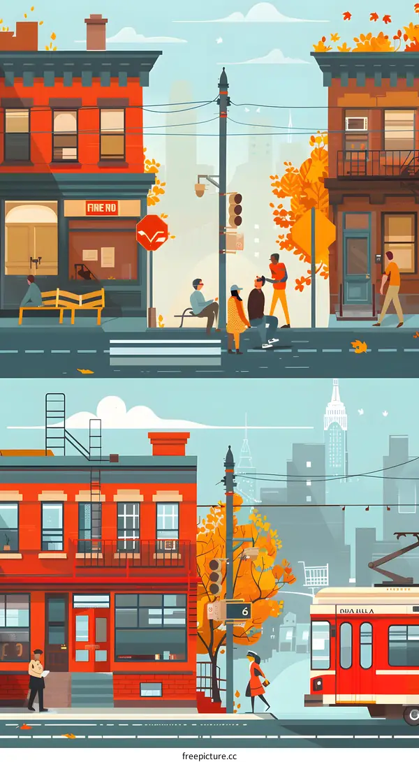 Autumn Street Scene With People Walking and Buildings