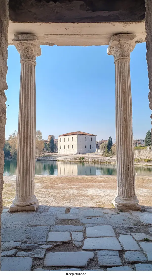 Ancient Roman ruins overlooking a tranquil lake