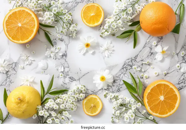 Background of orange and lemon slices with white flowers