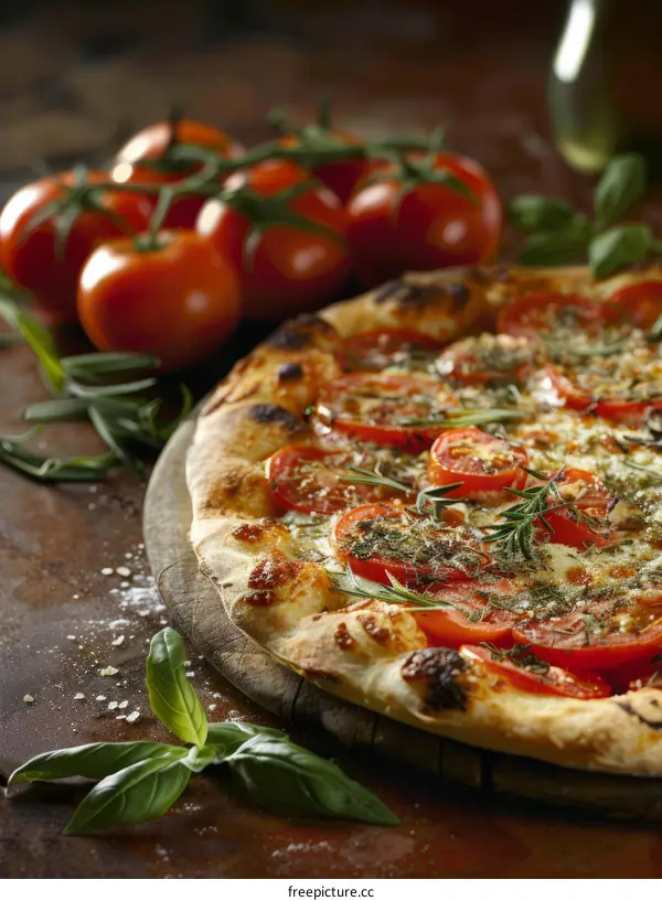 Pizza with fresh tomatoes, basil, and rosemary