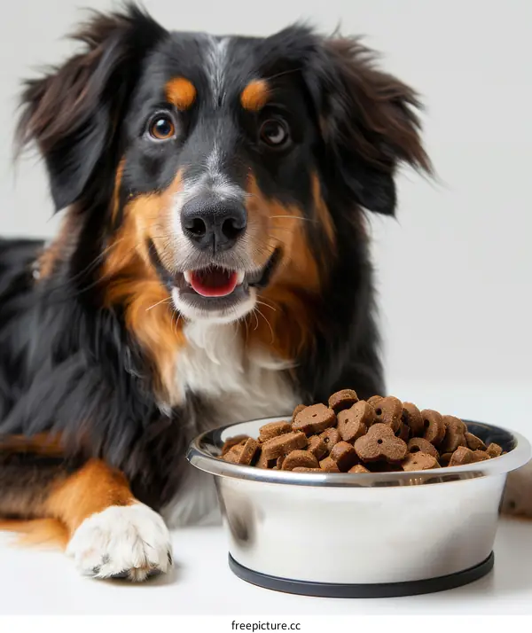 A cute dog is sitting in front of a bowl of food