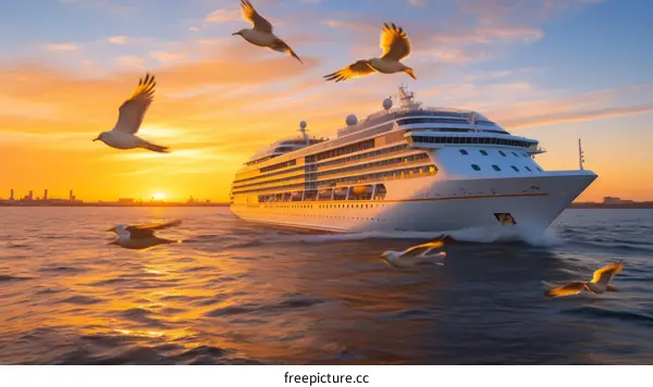 Cruise ship at sunset with seagulls flying around