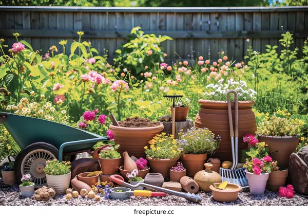 A beautiful garden with a variety of flowers, plants, and gardening tools