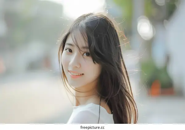 Smiling Asian Woman with Long Hair