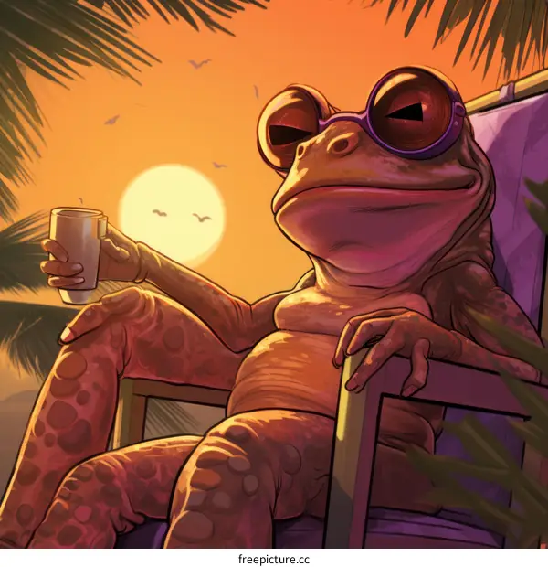 Chill Frog Wearing Sunglasses and Drinking Juice on the Beach