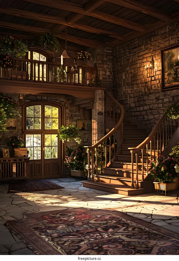 Elegant Interior Design With Wooden Staircase And Stone Walls