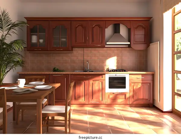 Modern Kitchen Design with Wooden Cabinets and Tile Floor