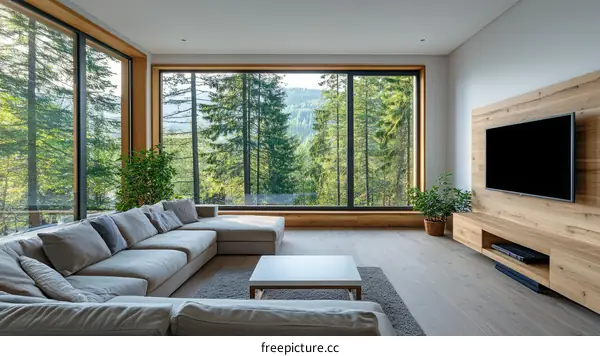 Modern Living Room with Forest View
