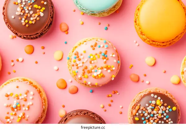 Colorful Macarons on Pink Background with Sprinkles