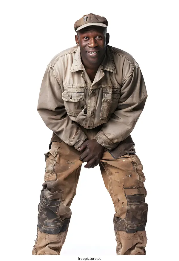 A smiling man wearing a brown cap and brown work clothes