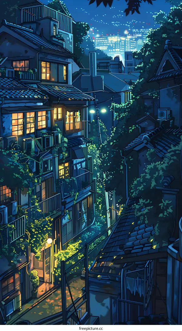 Nighttime View of a Japanese City with Buildings and Streetlights