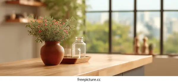Rustic Kitchen Countertop Decor with Vase and Plants