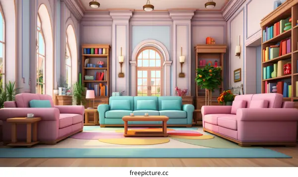A stylish living room with a blue sofa, a pink sofa, and other decor