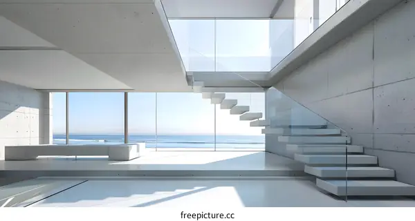 Modern Concrete House Interior with Glass Railing Stairs and Ocean View