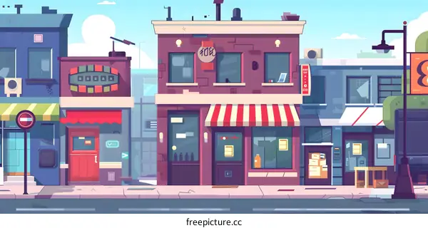 Cartoon Illustration of a City Street with Shops and Buildings