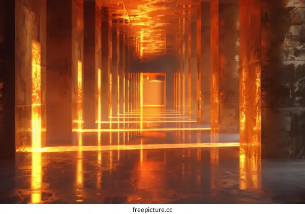 Futuristic Sci-Fi Corridor With Glowing Lights Reflecting Off Metallic Surface
