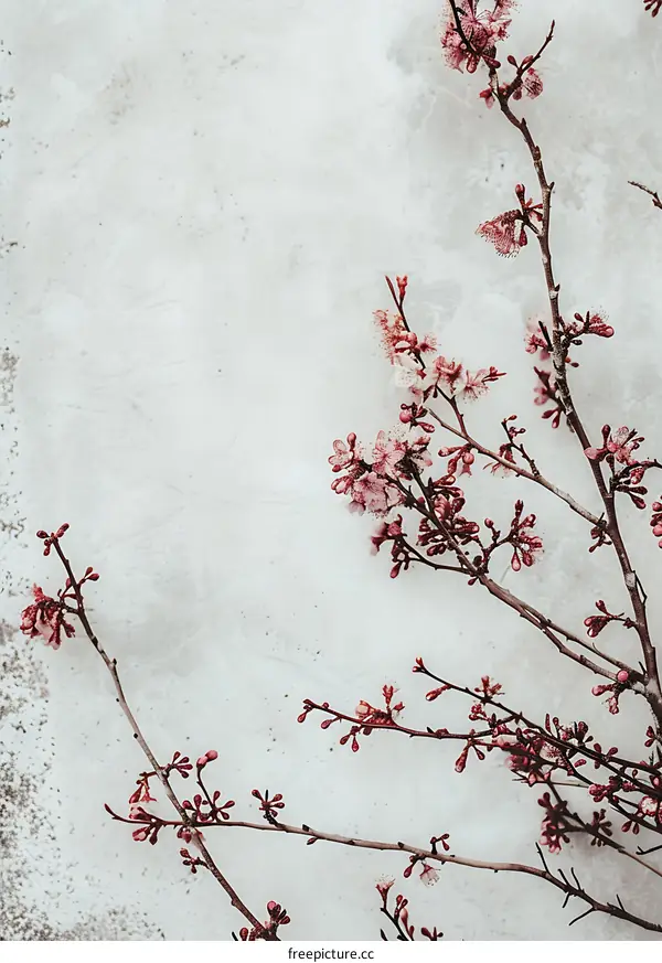Pink Cherry Blossom Branches on White Wall