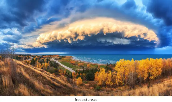 Dramatic Autumnal Landscape with Storm Clouds over Lake