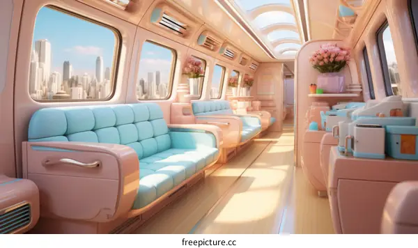 A pink and blue retro futuristic train interior with large windows