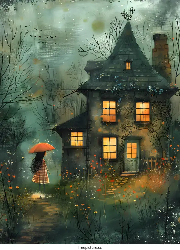 girl with red umbrella in front of a cottage in the rain