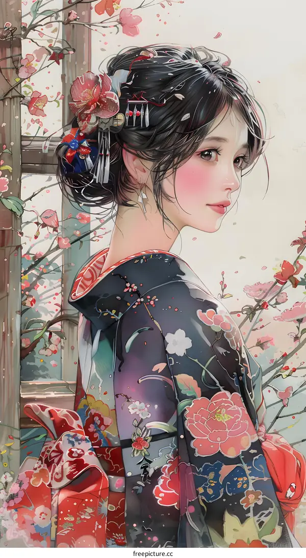 A beautiful Japanese woman wearing a kimono stands in a garden of cherry blossoms.