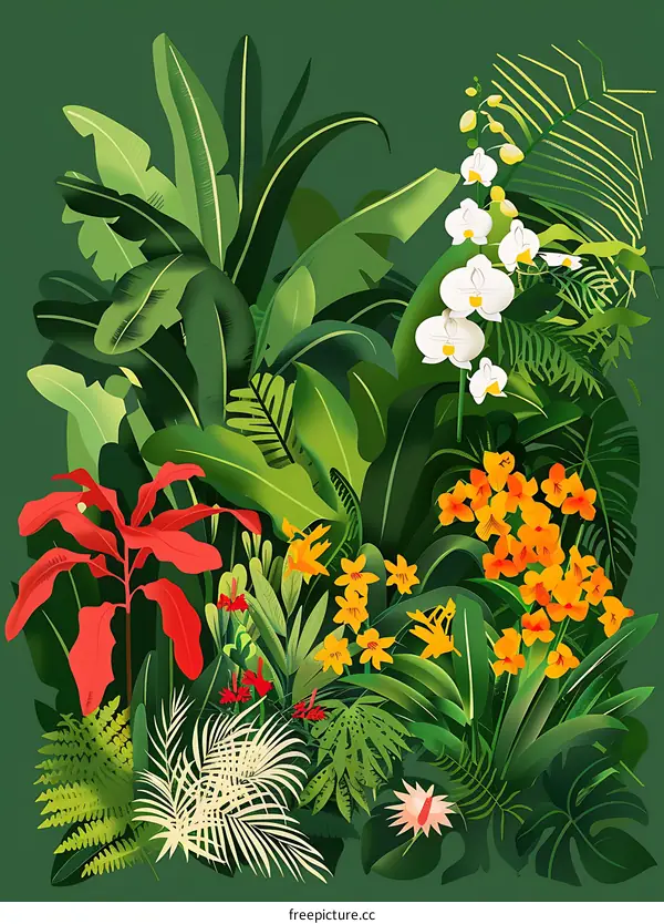 Tropical Green Illustration With Colorful Flowers