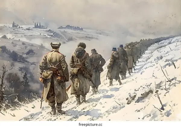Russian soldiers on the march in the winter