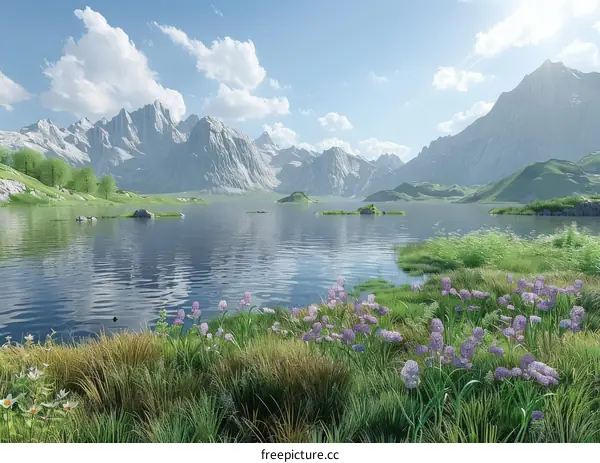 Tranquil Mountain Lake with Blossoming Flowers