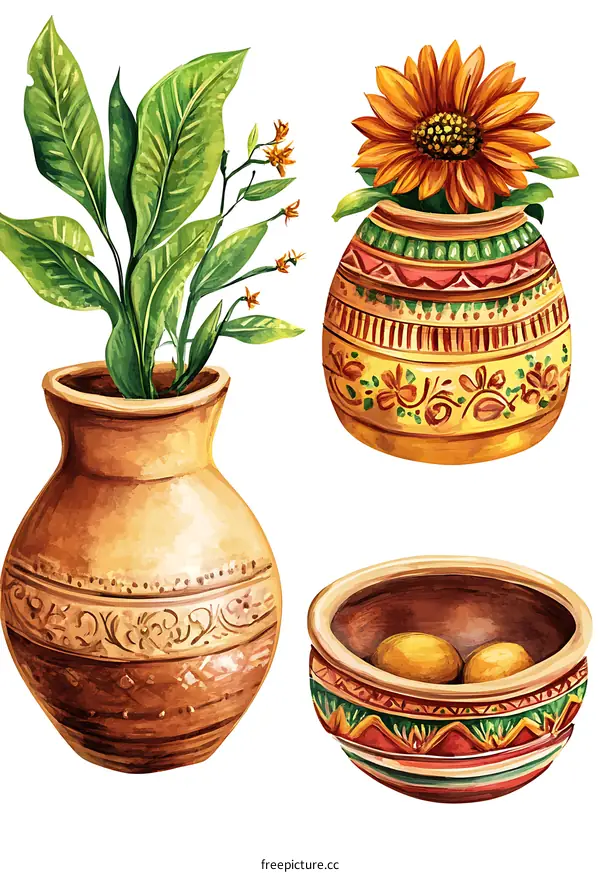 Watercolor Illustration of Three Decorative Pottery Vases