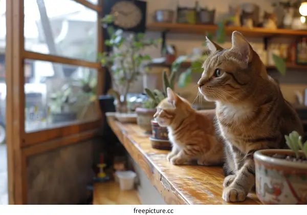 Two cats sitting on a wooden shelf looking out the window