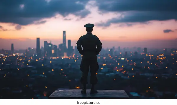Soldier Watching the Sunrise over the City