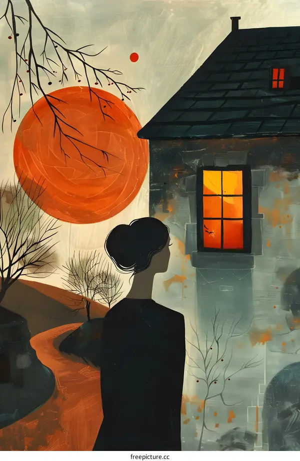A woman standing in front of a house looking at the moon