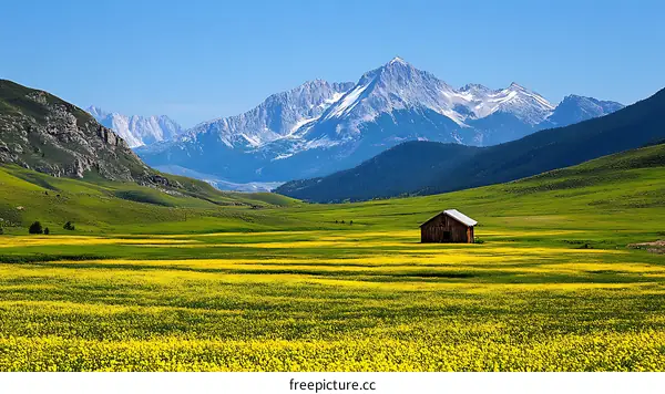 Mountain Meadow with Wooden Barn and Yellow Flowers