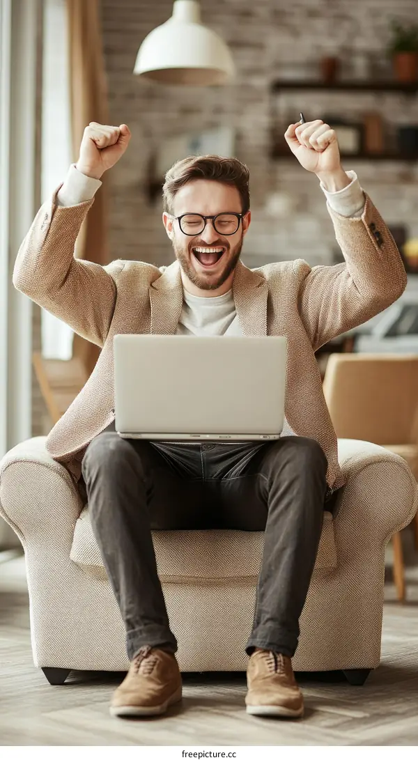 Happy Man Celebrating Success on Laptop