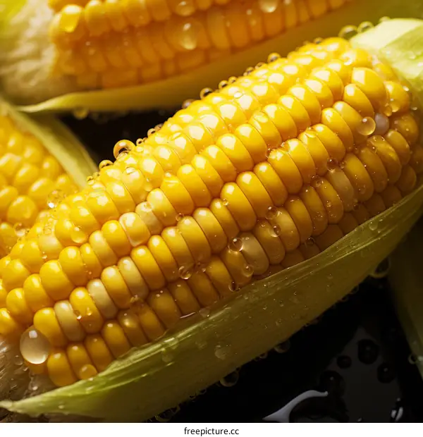 Close-up of yellow corn on the cob with water drops