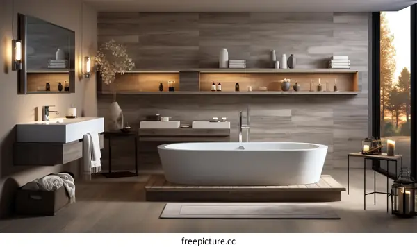 Bathroom with a large bathtub and a wooden wall