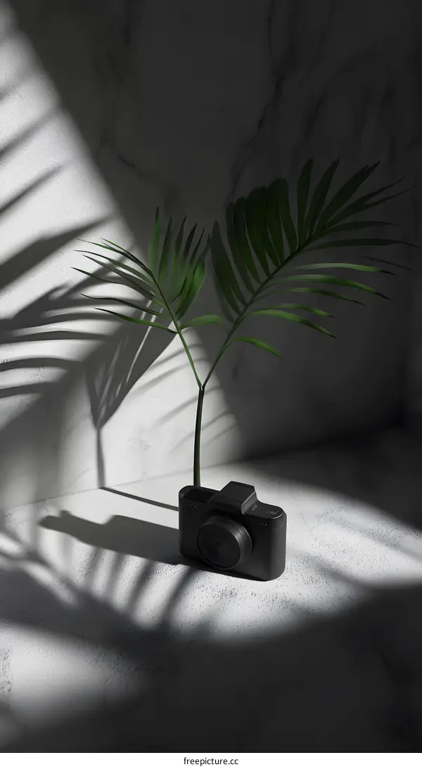 Black Camera and Palm Leaf Minimalist Product Photography