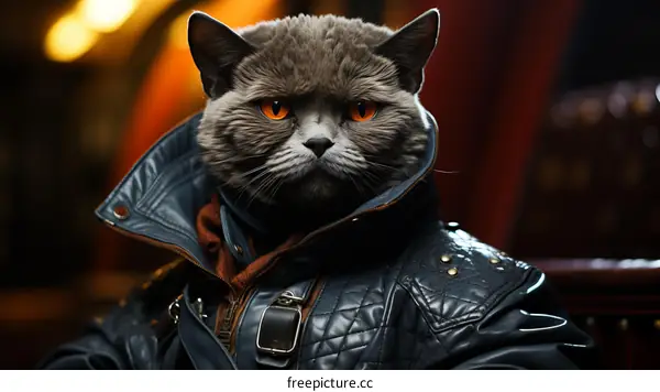 A gray cat wearing a black leather jacket with orange eyes